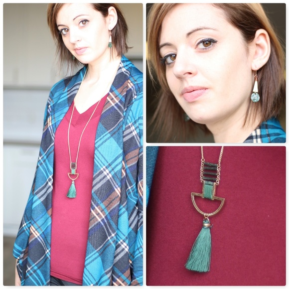 Teal Plaid Cardigan W/Elbow Patch - Picture 4 of 5